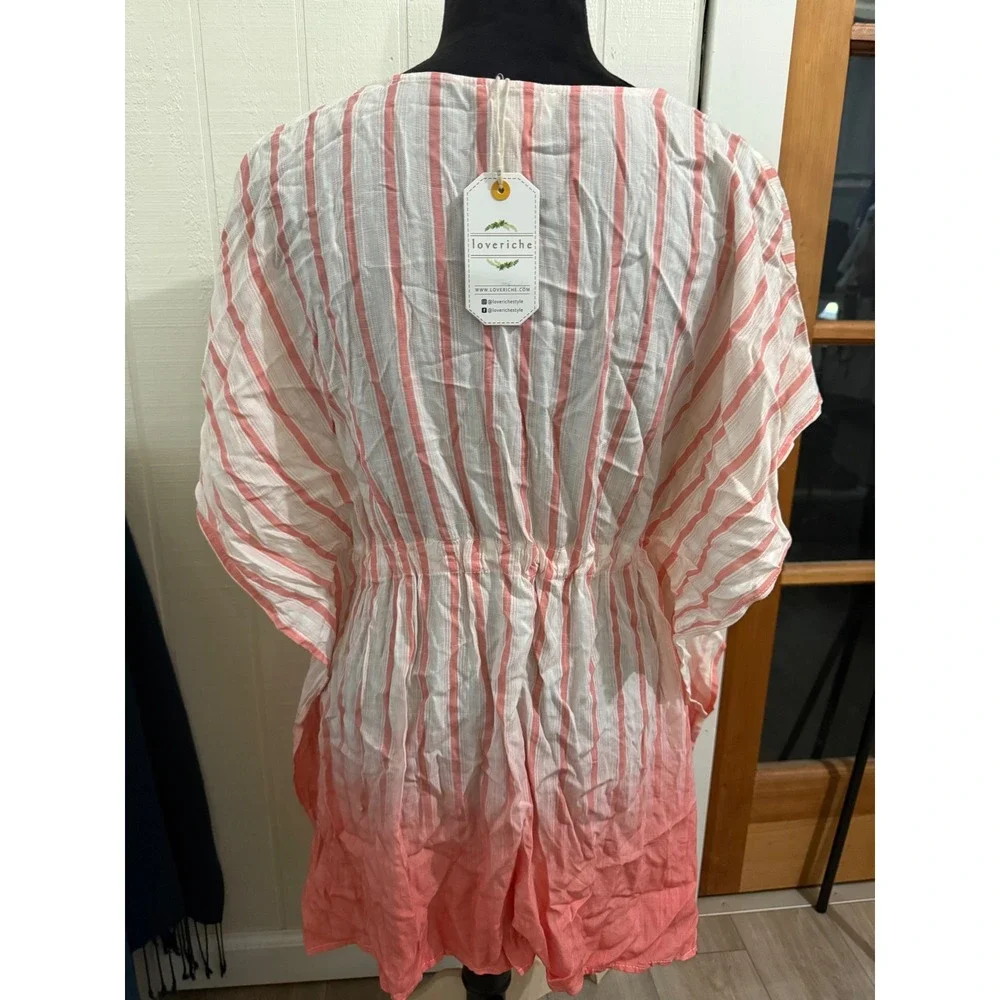 NWT Loveriche Pink Coral Ombre Stripe Kaftan Swim Cover Up Tie Waist Small